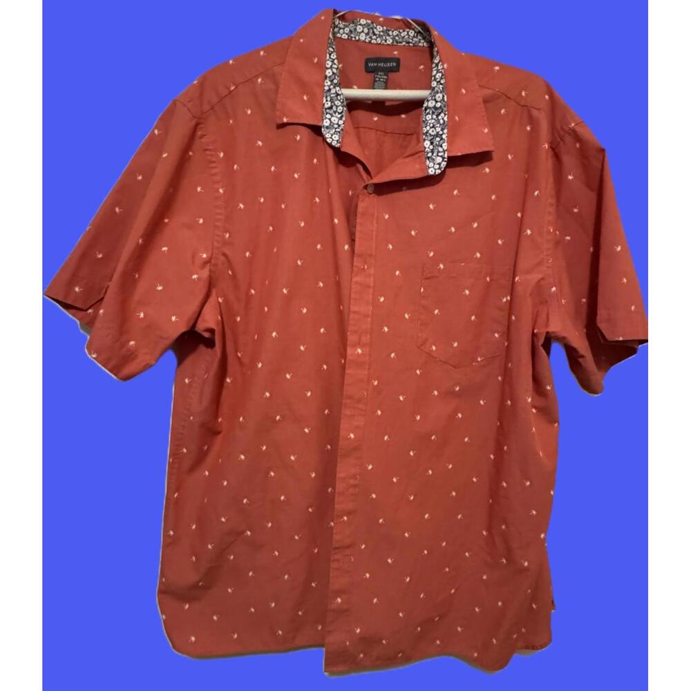 Van Heusen Red Orange with Palm Trees Button Up Shirt Men's Size XXL